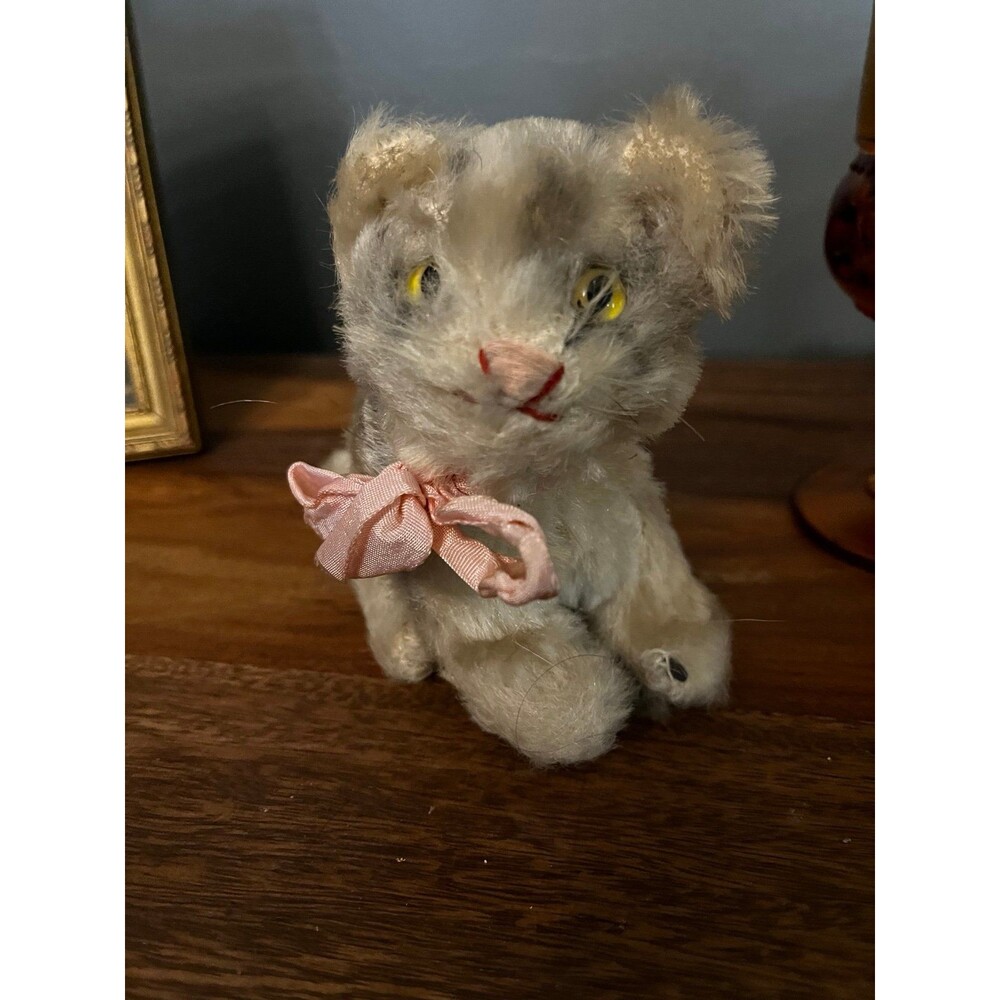 Vintage Antique Mohair Stuffed Cat kitty Plush Toy with Pink Bow Steiff?